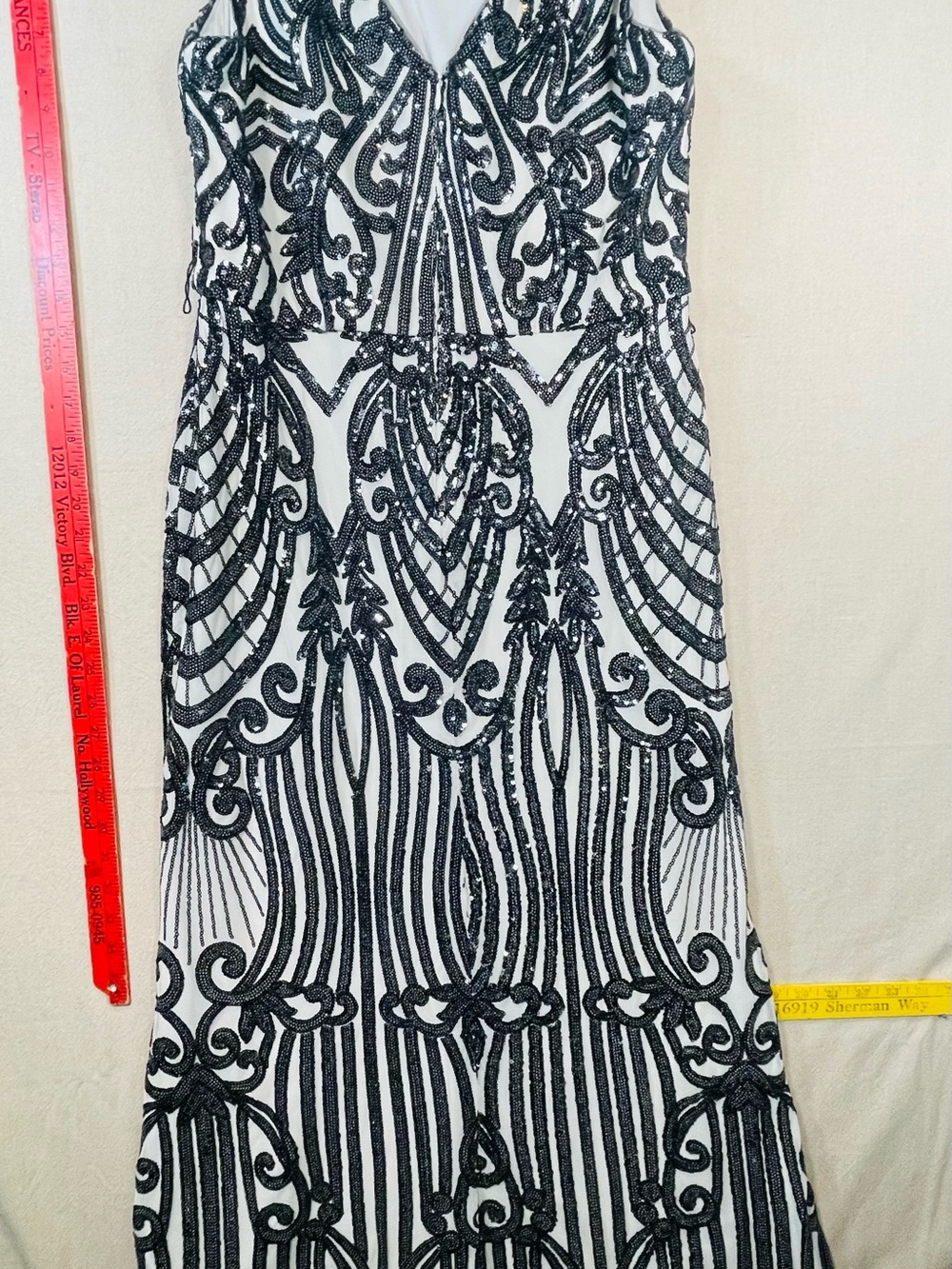 R&M Richards Black and White Beaded Prom Gown